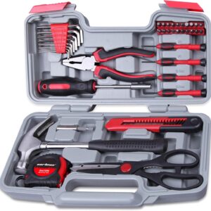 39-Piece Home Tool Set Kit, Essential Household Hand Tools with Plastic Storage Case Red