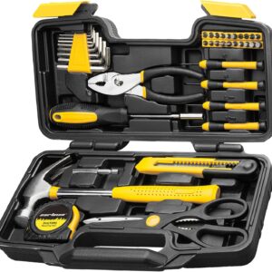 39-Piece Home Tool Set Kit, Essential Household Hand Tools with Plastic Storage Case, Yellow