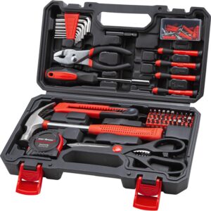 Home Tool Set Kit, Basic Household Hand Tools with Storage Case Dark Red
