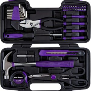 39-Piece Home Tool Set Kit, Essential Household Hand Tools with Plastic Storage Case, Purple