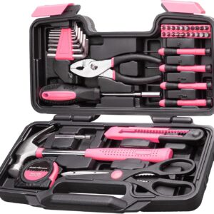 39Piece Tool Set General Household Hand Tool Kit with Plastic Toolbox Storage Case Pink